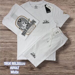 True Religion White Logo Tee and Shorts Set with Gold Accent